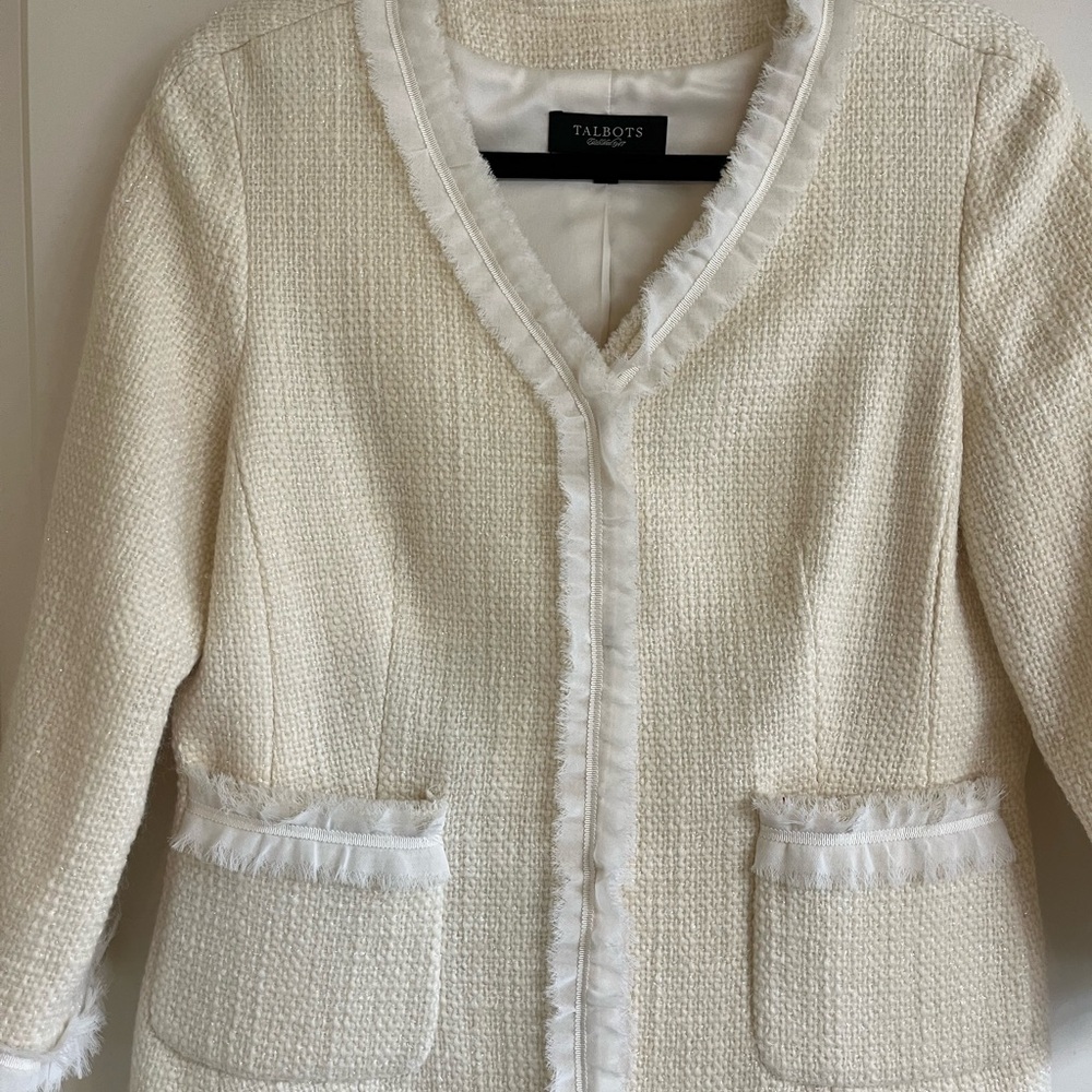 Talbots Cream Textured Blazer with Fringe